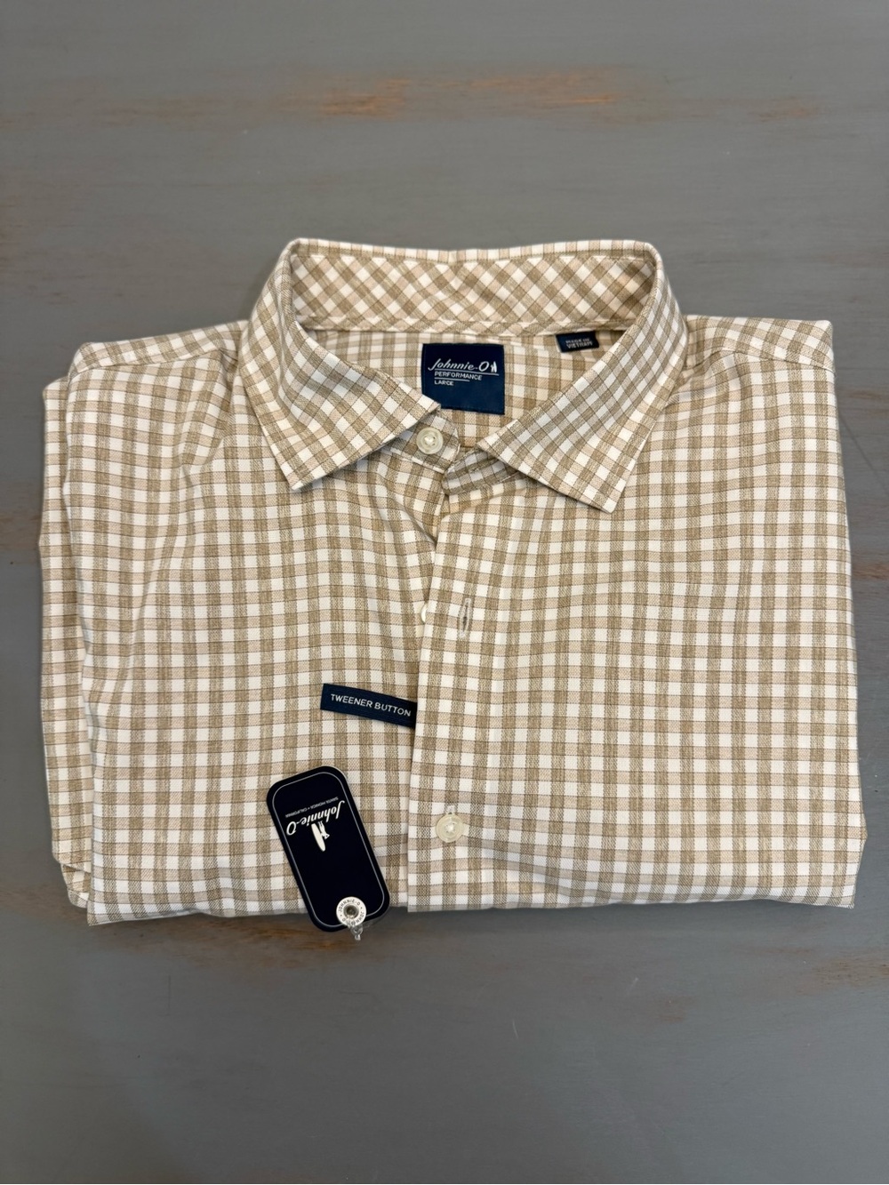 Johnnie-O Performance Shirt Men’s L NWT Tan White Plaid Stretch $138 Retail